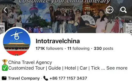 Screenshot of IntoTravelChina Facebook page showing follower count and travel content