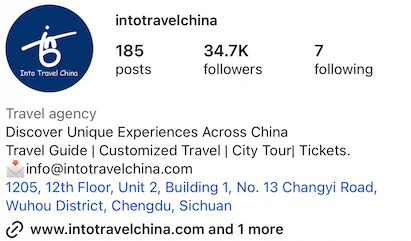 Screenshot of IntoTravelChina Instagram profile showing follower count and travel reels